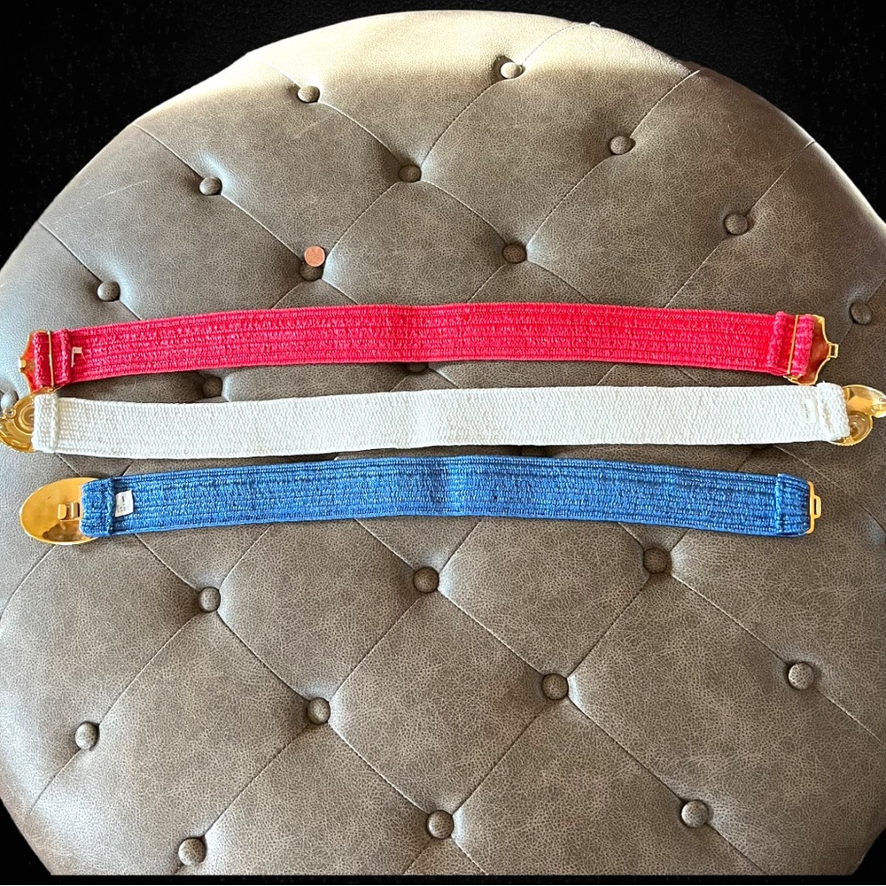 Vintage Lot of 3 Shell Buckle Red, White & Blue Wide Elastic Stretch Cinch Belts - Picture 4 of 10
